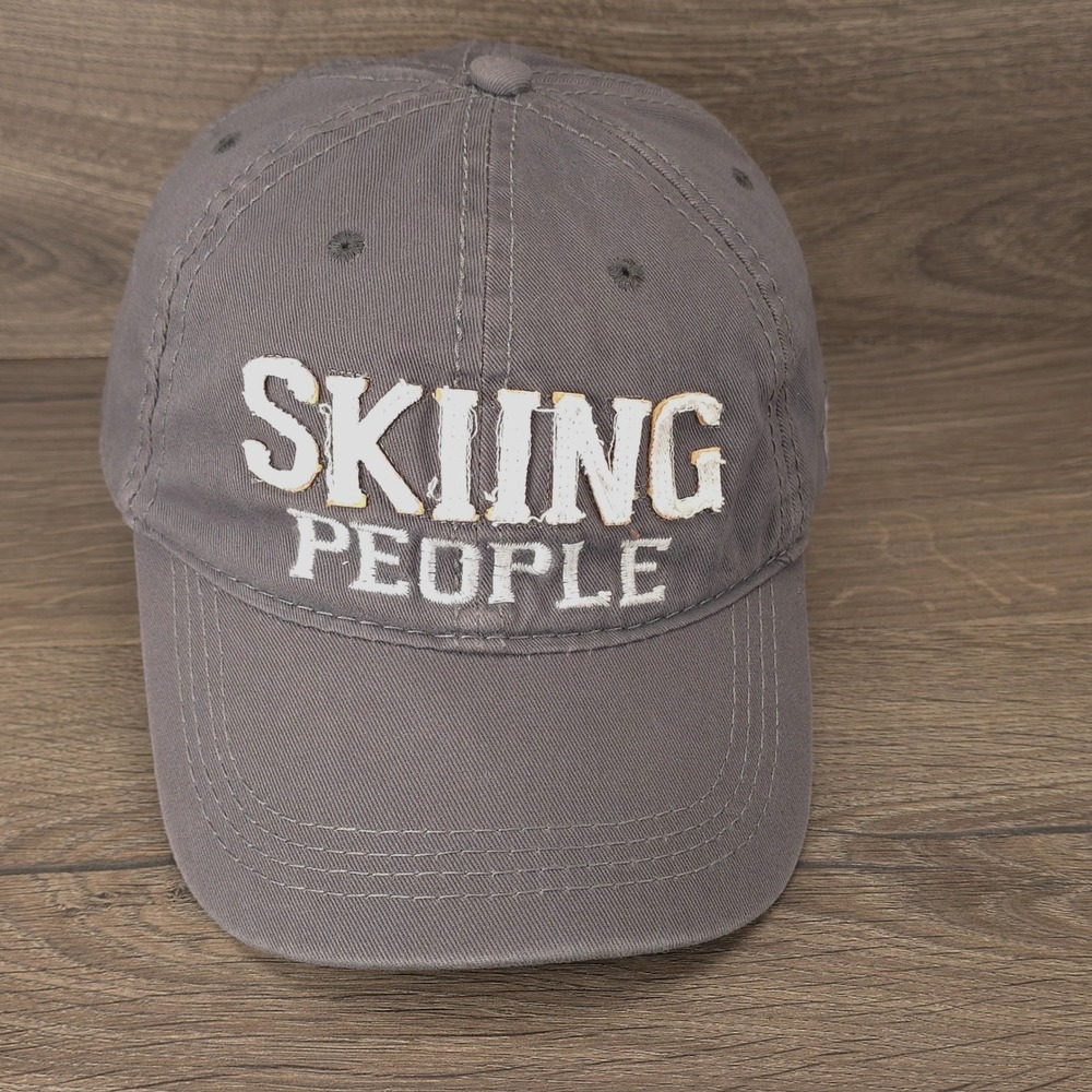 Skiing People Hat Cap Strap Back One Size Gray Distressed Ski Lodge Applique